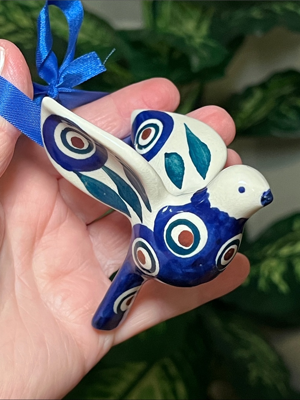 Artisan Polish Pottery Handpainted Dove Bird Ornament